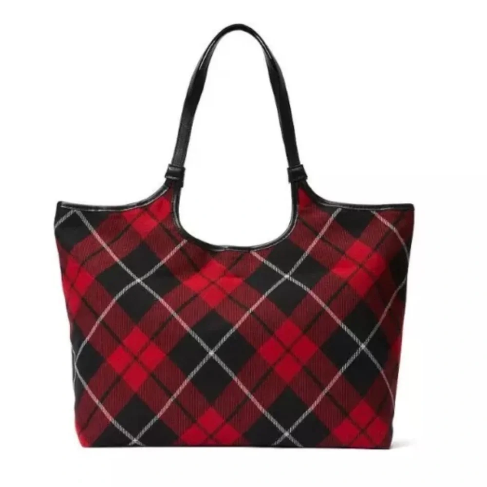 NEW Victoria Secret Red Black Tartan Plaid Tote Bag & Blanket Soft Warm Cozy
